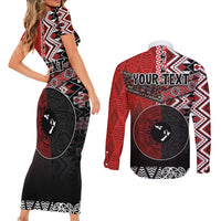 Personalised Aotearoa and Tonga Together Couples Matching Short Sleeve Bodycon Dress and Long Sleeve Button Shirt Manaia and Tongan Tribal Cross - Taniko and Ngatu Art Tattoo LT03 - Polynesian Pride