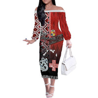 Personalised Aotearoa and Tonga Together Family Matching Off The Shoulder Long Sleeve Dress and Hawaiian Shirt Manaia and Tongan Tribal Cross - Taniko and Ngatu Art Tattoo LT03 Mom's Dress Red - Polynesian Pride