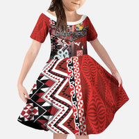 Personalised Aotearoa and Tonga Together Family Matching Off Shoulder Maxi Dress and Hawaiian Shirt Manaia and Tongan Tribal Cross - Taniko and Ngatu Art Tattoo LT03 Daughter's Dress Red - Polynesian Pride