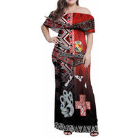 Personalised Aotearoa and Tonga Together Family Matching Off Shoulder Maxi Dress and Hawaiian Shirt Manaia and Tongan Tribal Cross - Taniko and Ngatu Art Tattoo LT03 Mom's Dress Red - Polynesian Pride