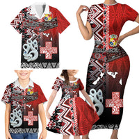 Personalised Aotearoa and Tonga Together Family Matching Short Sleeve Bodycon Dress and Hawaiian Shirt Manaia and Tongan Tribal Cross - Taniko and Ngatu Art Tattoo LT03 - Polynesian Pride