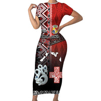 Personalised Aotearoa and Tonga Together Family Matching Short Sleeve Bodycon Dress and Hawaiian Shirt Manaia and Tongan Tribal Cross - Taniko and Ngatu Art Tattoo LT03 Mom's Dress Red - Polynesian Pride