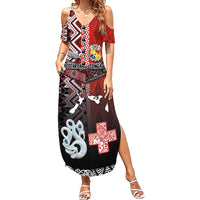 Personalised Aotearoa and Tonga Together Family Matching Summer Maxi Dress and Hawaiian Shirt Manaia and Tongan Tribal Cross - Taniko and Ngatu Art Tattoo LT03 Mom's Dress Red - Polynesian Pride