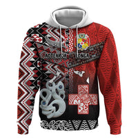 Personalised Aotearoa and Tonga Together Hoodie Manaia and Tongan Tribal Cross - Taniko and Ngatu Art Tattoo LT03 Pullover Hoodie Red - Polynesian Pride