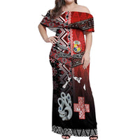 Personalised Aotearoa and Tonga Together Off Shoulder Maxi Dress Manaia and Tongan Tribal Cross - Taniko and Ngatu Art Tattoo LT03 Women Red - Polynesian Pride