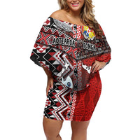 Personalised Aotearoa and Tonga Together Off Shoulder Short Dress Manaia and Tongan Tribal Cross - Taniko and Ngatu Art Tattoo LT03 Women Red - Polynesian Pride