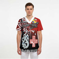 Personalised Aotearoa and Tonga Together Scrub Top Manaia and Tongan Tribal Cross - Taniko and Ngatu Art Tattoo LT03 - Polynesian Pride