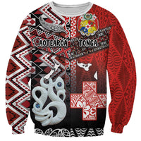 Personalised Aotearoa and Tonga Together Sweatshirt Manaia and Tongan Tribal Cross - Taniko and Ngatu Art Tattoo LT03 Unisex Red - Polynesian Pride