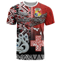 Personalised Aotearoa and Tonga Together T Shirt Manaia and Tongan Tribal Cross - Taniko and Ngatu Art Tattoo LT03 Red - Polynesian Pride