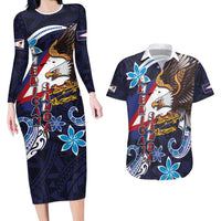 American Samoa Flag Day Couples Matching Long Sleeve Bodycon Dress and Hawaiian Shirt Bald Eagle with Uatogi and Fue - Polynesian and Floral Tribal Tattoo LT03 Navy - Polynesian Pride