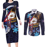 American Samoa Flag Day Couples Matching Long Sleeve Bodycon Dress and Long Sleeve Button Shirt Bald Eagle with Uatogi and Fue - Polynesian and Floral Tribal Tattoo LT03 Navy - Polynesian Pride