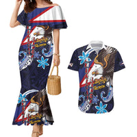 American Samoa Flag Day Couples Matching Mermaid Dress and Hawaiian Shirt Bald Eagle with Uatogi and Fue - Polynesian and Floral Tribal Tattoo LT03 Navy - Polynesian Pride