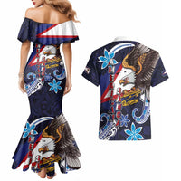 American Samoa Flag Day Couples Matching Mermaid Dress and Hawaiian Shirt Bald Eagle with Uatogi and Fue - Polynesian and Floral Tribal Tattoo LT03 - Polynesian Pride