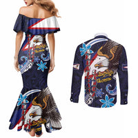 American Samoa Flag Day Couples Matching Mermaid Dress and Long Sleeve Button Shirt Bald Eagle with Uatogi and Fue - Polynesian and Floral Tribal Tattoo LT03 - Polynesian Pride