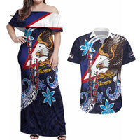 American Samoa Flag Day Couples Matching Off Shoulder Maxi Dress and Hawaiian Shirt Bald Eagle with Uatogi and Fue - Polynesian and Floral Tribal Tattoo LT03 Navy - Polynesian Pride
