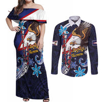 American Samoa Flag Day Couples Matching Off Shoulder Maxi Dress and Long Sleeve Button Shirt Bald Eagle with Uatogi and Fue - Polynesian and Floral Tribal Tattoo LT03 Navy - Polynesian Pride