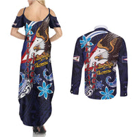 American Samoa Flag Day Couples Matching Summer Maxi Dress and Long Sleeve Button Shirt Bald Eagle with Uatogi and Fue - Polynesian and Floral Tribal Tattoo LT03 - Polynesian Pride