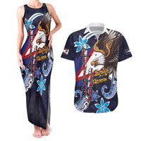 American Samoa Flag Day Couples Matching Tank Maxi Dress and Hawaiian Shirt Bald Eagle with Uatogi and Fue - Polynesian and Floral Tribal Tattoo LT03 Navy - Polynesian Pride