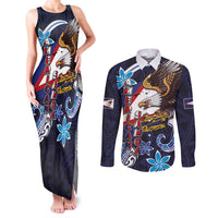 American Samoa Flag Day Couples Matching Tank Maxi Dress and Long Sleeve Button Shirt Bald Eagle with Uatogi and Fue - Polynesian and Floral Tribal Tattoo LT03 Navy - Polynesian Pride