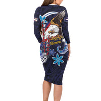 American Samoa Flag Day Family Matching Long Sleeve Bodycon Dress and Hawaiian Shirt Bald Eagle with Uatogi and Fue - Polynesian and Floral Tribal Tattoo LT03 - Polynesian Pride