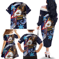 American Samoa Flag Day Family Matching Off The Shoulder Long Sleeve Dress and Hawaiian Shirt Bald Eagle with Uatogi and Fue - Polynesian and Floral Tribal Tattoo LT03 - Polynesian Pride