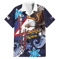 American Samoa Flag Day Family Matching Off The Shoulder Long Sleeve Dress and Hawaiian Shirt Bald Eagle with Uatogi and Fue - Polynesian and Floral Tribal Tattoo LT03 Dad's Shirt - Short Sleeve Navy - Polynesian Pride