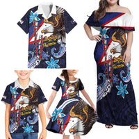 American Samoa Flag Day Family Matching Off Shoulder Maxi Dress and Hawaiian Shirt Bald Eagle with Uatogi and Fue - Polynesian and Floral Tribal Tattoo LT03 - Polynesian Pride