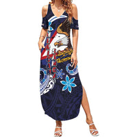 American Samoa Flag Day Family Matching Summer Maxi Dress and Hawaiian Shirt Bald Eagle with Uatogi and Fue - Polynesian and Floral Tribal Tattoo LT03 Mom's Dress Navy - Polynesian Pride