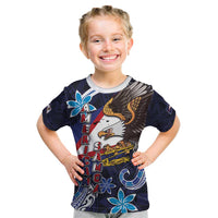 American Samoa Flag Day Kid T Shirt Bald Eagle with Uatogi and Fue - Polynesian and Floral Tribal Tattoo LT03 Navy - Polynesian Pride