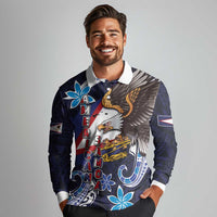 American Samoa Flag Day Long Sleeve Polo Shirt Bald Eagle with Uatogi and Fue - Polynesian and Floral Tribal Tattoo LT03 - Polynesian Pride