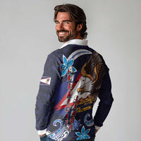 American Samoa Flag Day Long Sleeve Polo Shirt Bald Eagle with Uatogi and Fue - Polynesian and Floral Tribal Tattoo LT03 - Polynesian Pride