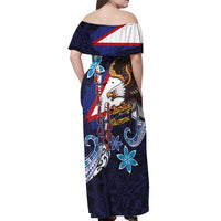 American Samoa Flag Day Off Shoulder Maxi Dress Bald Eagle with Uatogi and Fue - Polynesian and Floral Tribal Tattoo LT03 - Polynesian Pride