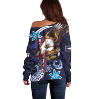 American Samoa Flag Day Off Shoulder Sweater Bald Eagle with Uatogi and Fue - Polynesian and Floral Tribal Tattoo LT03 - Polynesian Pride