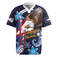 American Samoa Flag Day Rugby Jersey Bald Eagle with Uatogi and Fue - Polynesian and Floral Tribal Tattoo LT03 Navy - Polynesian Pride