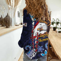 American Samoa Flag Day Women Casual Shirt Bald Eagle with Uatogi and Fue - Polynesian and Floral Tribal Tattoo LT03 - Polynesian Pride