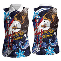American Samoa Flag Day Women Sleeveless Polo Shirt Bald Eagle with Uatogi and Fue - Polynesian and Floral Tribal Tattoo LT03 - Polynesian Pride