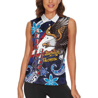American Samoa Flag Day Women Sleeveless Polo Shirt Bald Eagle with Uatogi and Fue - Polynesian and Floral Tribal Tattoo LT03 - Polynesian Pride