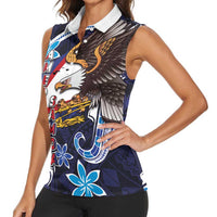 American Samoa Flag Day Women Sleeveless Polo Shirt Bald Eagle with Uatogi and Fue - Polynesian and Floral Tribal Tattoo LT03 - Polynesian Pride