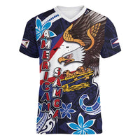 American Samoa Flag Day Women V-Neck T-Shirt Bald Eagle with Uatogi and Fue - Polynesian and Floral Tribal Tattoo LT03 Female Navy - Polynesian Pride