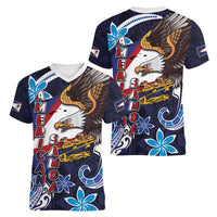 American Samoa Flag Day Women V-Neck T-Shirt Bald Eagle with Uatogi and Fue - Polynesian and Floral Tribal Tattoo LT03 - Polynesian Pride