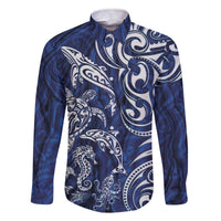 New Zealand Connecting with Seas Family Matching Off The Shoulder Long Sleeve Dress and Hawaiian Shirt Maori Tribal and Sea Animals Tattoo - White Glass Style LT03 Dad's Shirt - Long Sleeve Navy - Polynesian Pride