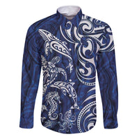 New Zealand Connecting with Seas Family Matching Off Shoulder Maxi Dress and Hawaiian Shirt Maori Tribal and Sea Animals Tattoo - White Glass Style LT03 Dad's Shirt - Long Sleeve Navy - Polynesian Pride