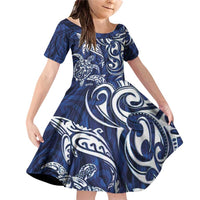 New Zealand Connecting with Seas Family Matching Off Shoulder Short Dress and Hawaiian Shirt Maori Tribal and Sea Animals Tattoo - White Glass Style LT03 Daughter's Dress Navy - Polynesian Pride