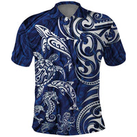 New Zealand Connecting with Seas Polo Shirt Maori Tribal and Sea Animals Tattoo - White Glass Style LT03 Navy - Polynesian Pride