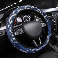 New Zealand Connecting with Seas Steering Wheel Cover Maori Tribal and Sea Animals Tattoo - White Glass Style LT03 Universal Fit Navy - Polynesian Pride