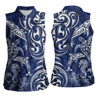 New Zealand Connecting with Seas Women Sleeveless Polo Shirt Maori Tribal and Sea Animals Tattoo - White Glass Style LT03 - Polynesian Pride