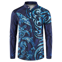 New Zealand Connecting with Seas Button Sweatshirt Maori Tribal and Sea Animals Tattoo - Sea Texture Glass Style LT03 Navy - Polynesian Pride