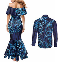 New Zealand Connecting with Seas Couples Matching Mermaid Dress and Long Sleeve Button Shirt Maori Tribal and Sea Animals Tattoo - Sea Texture Glass Style LT03 - Polynesian Pride