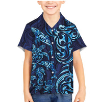 New Zealand Connecting with Seas Family Matching Mermaid Dress and Hawaiian Shirt Maori Tribal and Sea Animals Tattoo - Sea Texture Glass Style LT03 Son's Shirt Navy - Polynesian Pride