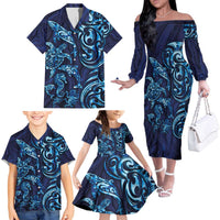 New Zealand Connecting with Seas Family Matching Off The Shoulder Long Sleeve Dress and Hawaiian Shirt Maori Tribal and Sea Animals Tattoo - Sea Texture Glass Style LT03 - Polynesian Pride